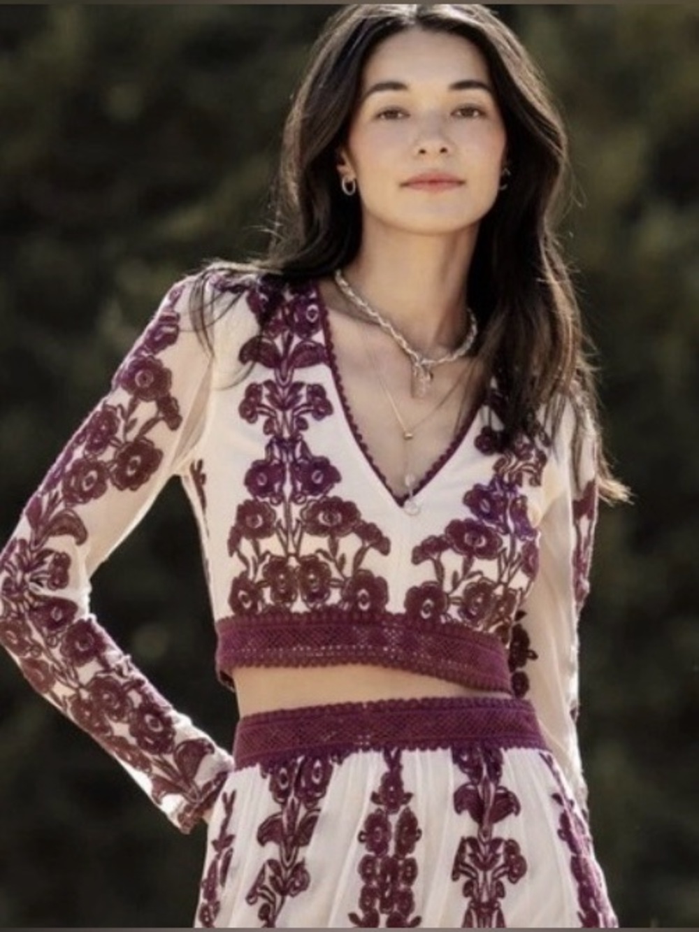 Altar'd State Cream Long Sleeve Cropped Blouse with Purple Floral Embroidery
